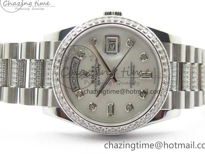 MiroTime 0128 Day-Date 36mm 128239 SS Crystal BP Best Edition White MOP Crystal Marker Dial on SS President Bracelet A MoistureWicking 2682